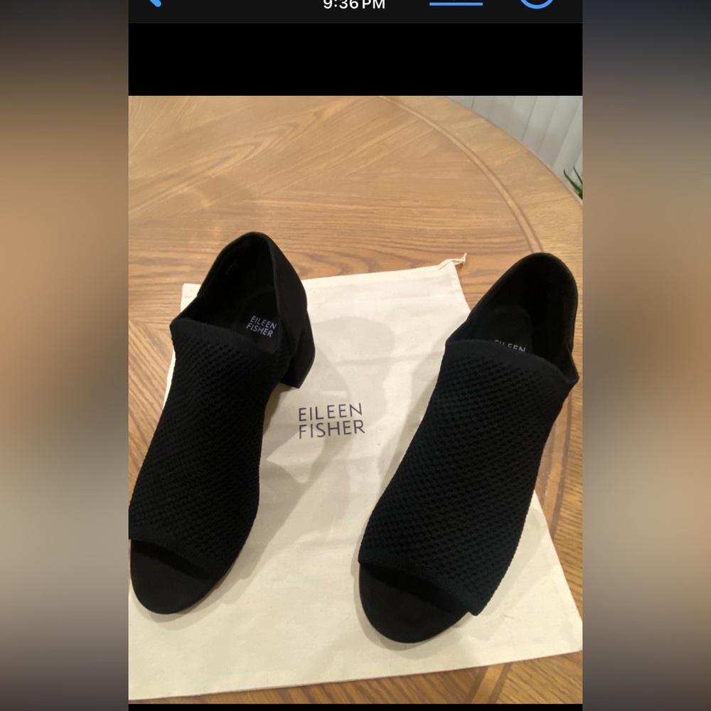 Eileen Fisher Black Knit Peep-Toe Block Heels